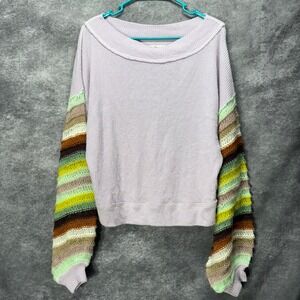 Free People Cha Cha Stripe Sweater Womens XS Lilac Purple Ribbed Balloon Sleeve